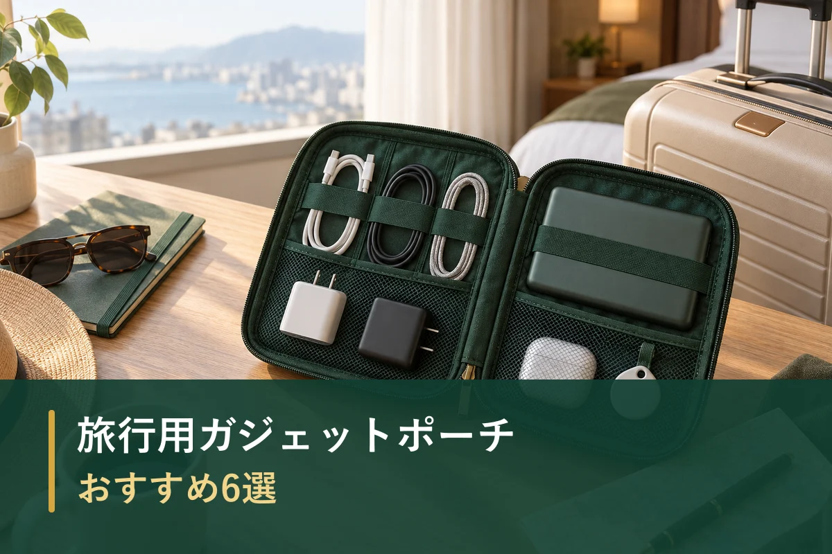 ホテルの机で充電器やケーブルを整理した緑色の旅行用ガジェットポーチ