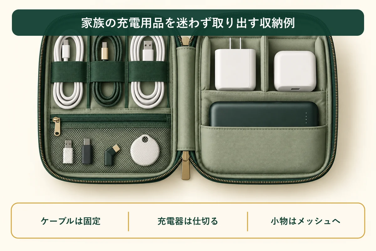 ケーブル・充電器・小物を旅行用ガジェットポーチへ分けて収納する図解