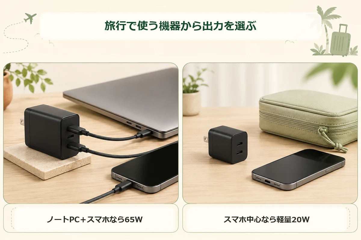 ノートパソコンとスマホなら65W、スマホ中心なら軽量20Wを選ぶ目安の生成図解