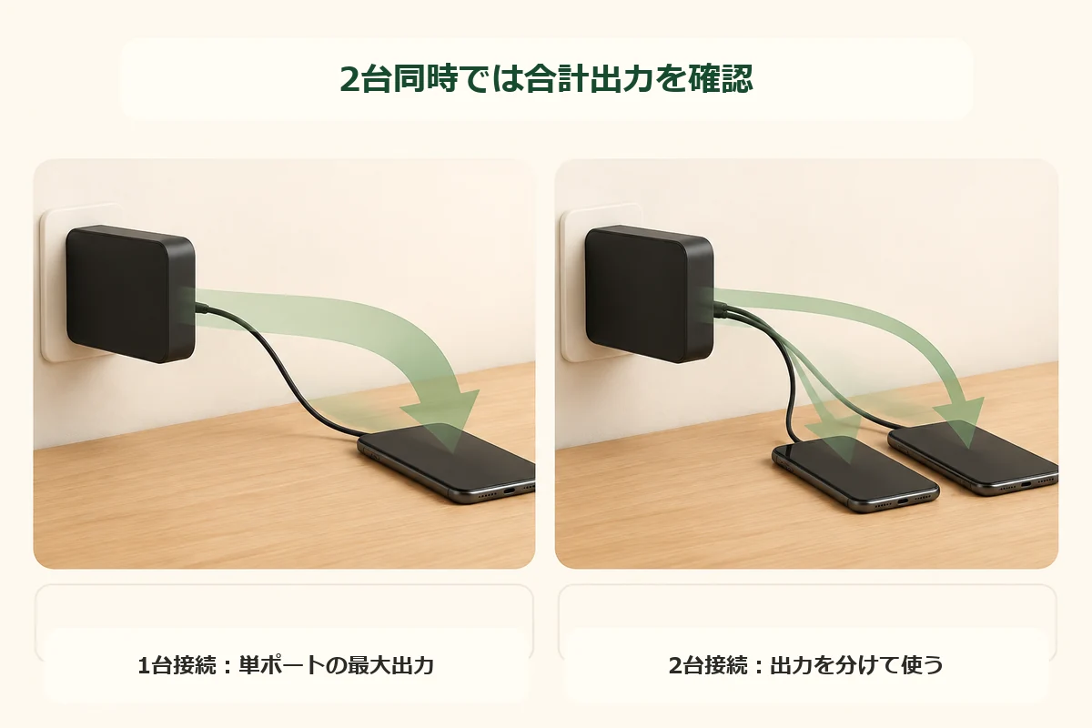 USB充電器へ1台を接続するときと2台同時に接続するときの出力分配を表す生成図解